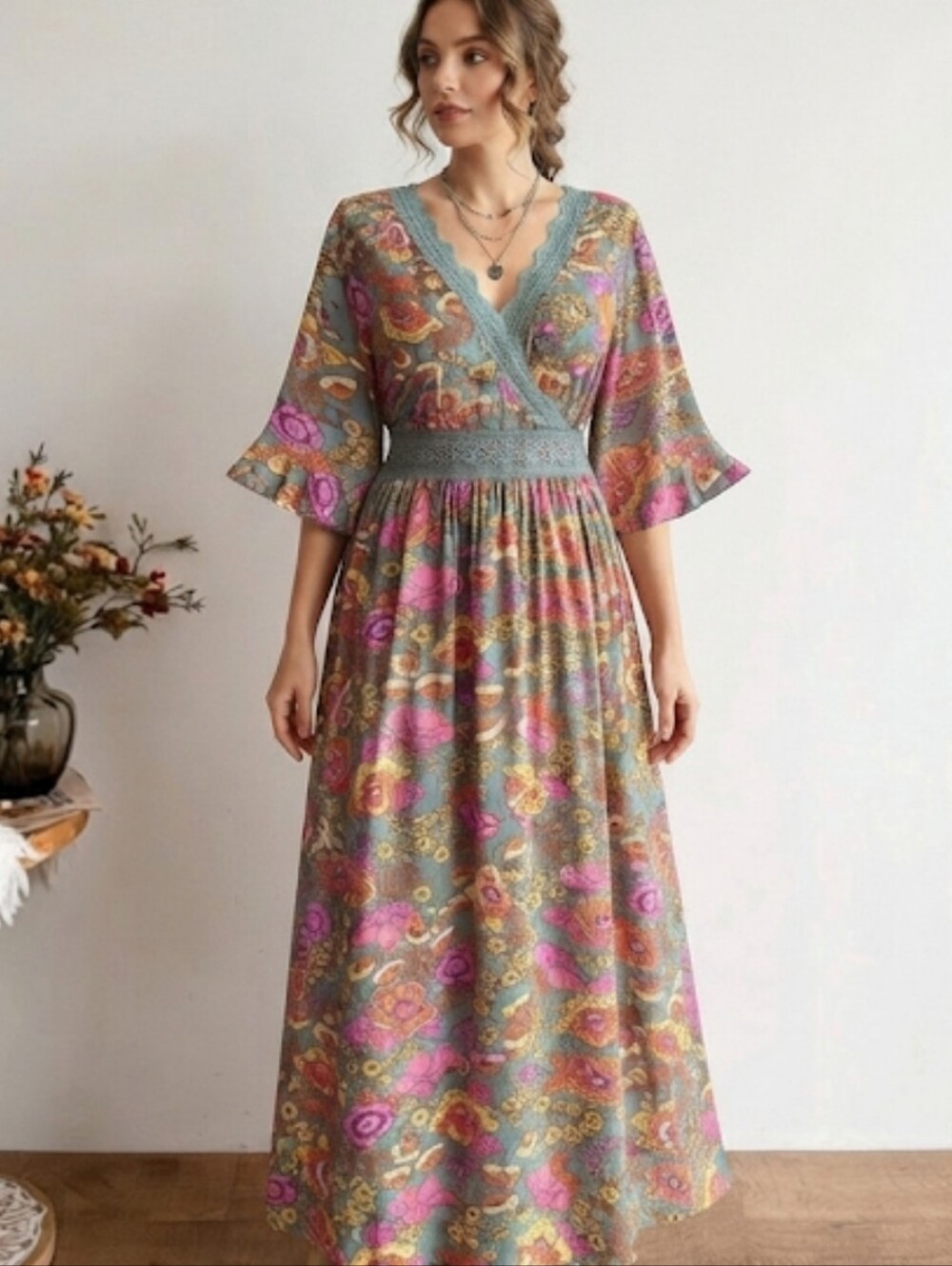 Boho Floral Maxi Dress in Teal and Pink